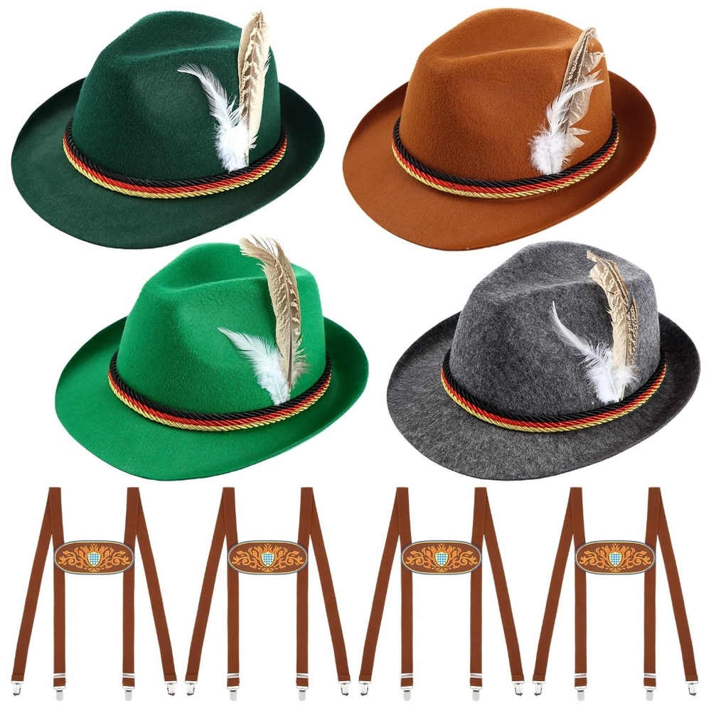 German Oktoberfest Bavarian Hats & Adjustable Suspenders Sets, 4 Sets